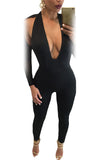 Black Deep V-Neck Mesh Long Sleeve Jumpsuit