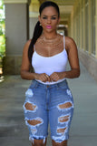 Blue Denim Destroyed Bermuda Shorts