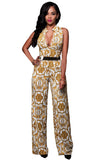 White Yellow Tapestry Print Belted Jumpsuit