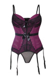 Purple 6 Plastic Boned Lace Decor Bowknot Waist Corset with Thong