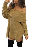Apricot Thick Knit Side Slit Off Shoulder Sweater
