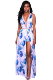Blue White Flowers Print Backless Short Jumpsuit with Maxi Overlay