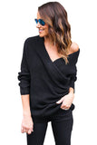 Black Wrap Front V Neck Ribbed Long Sleeve Sweater