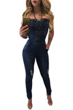 Deep Blue Lace Up Front Halter Denim Jumpsuit