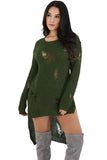 Green Long Sleeve Hi-lo Distress Sweater Top