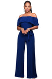 Blue Off Shoulder Belted Wide Leg Jumpsuit