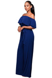 Blue Off Shoulder Belted Wide Leg Jumpsuit
