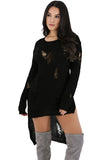 Black Long Sleeve Hi-lo Distress Sweater Top