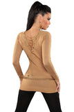 Khaki Knit V Neck Chain Lace up Back Sweater Top