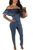 Blue Ruffle Off Shoulder Denim Jumpsuit