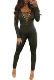 Long Sleeve Lace-up V Neck Bodycon Jumpsuit