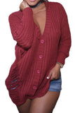 Maroon Button Closure Distressed Long Sweater