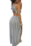 Blue White Striped Knot Back Sleeveless Romper Dress