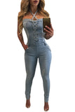 Light Blue Lace Up Front Halter Denim Jumpsuit