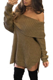 Khaki Thick Knit Side Slit Off Shoulder Sweater