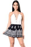 Dark Print Lace Up V Neck Boho Romper