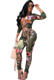 Deep Cut Floral Print Belt Bodycon Jumpsuit